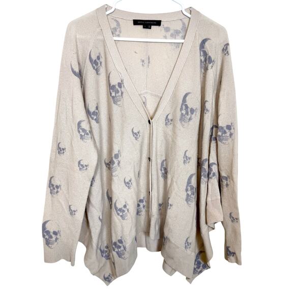 Skull Cashmere Beige Gray Skull Print Cardigan Sweater Draped Open Front Large - Picture 1 of 7